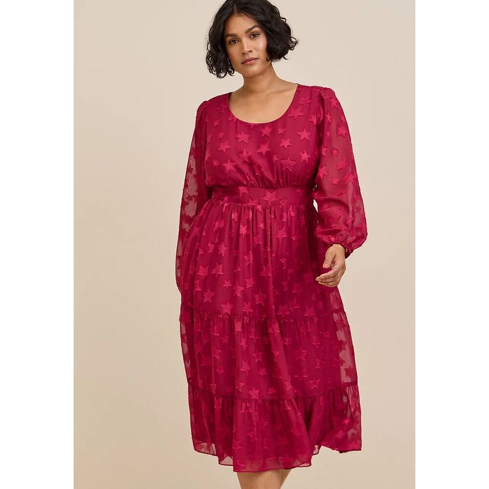 Torrid Red Dress All Over Star Applique Long Sleeve Flowy Sheer Plus Size 2X